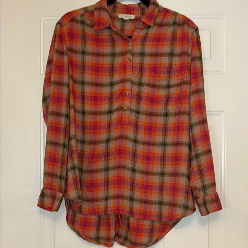Beachlunchlounge Plaid Tunic Shirt L Orange Pink Relaxed Pullover Henley Casual